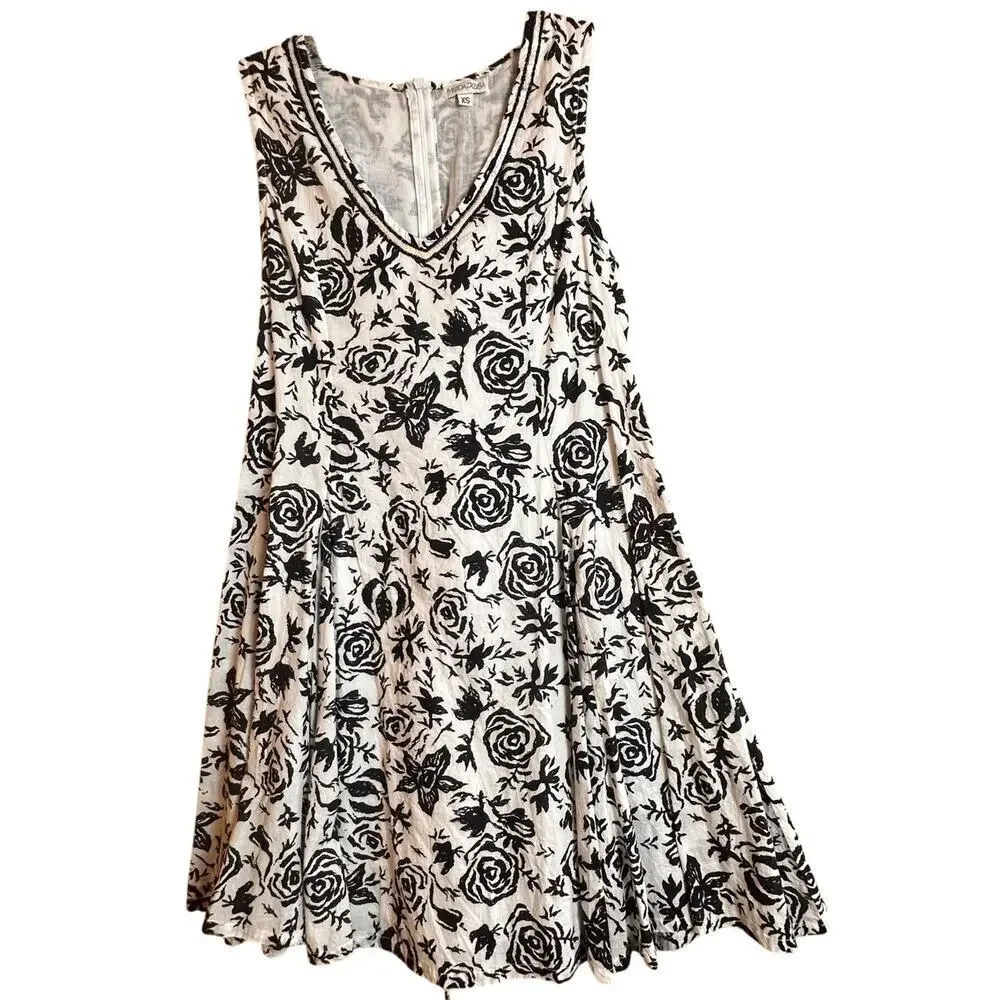 ModaPosa Womens XS Black White Floral Sleeveless Swing Dress Lace Up Back‎ Lined - Picture 2 of 16